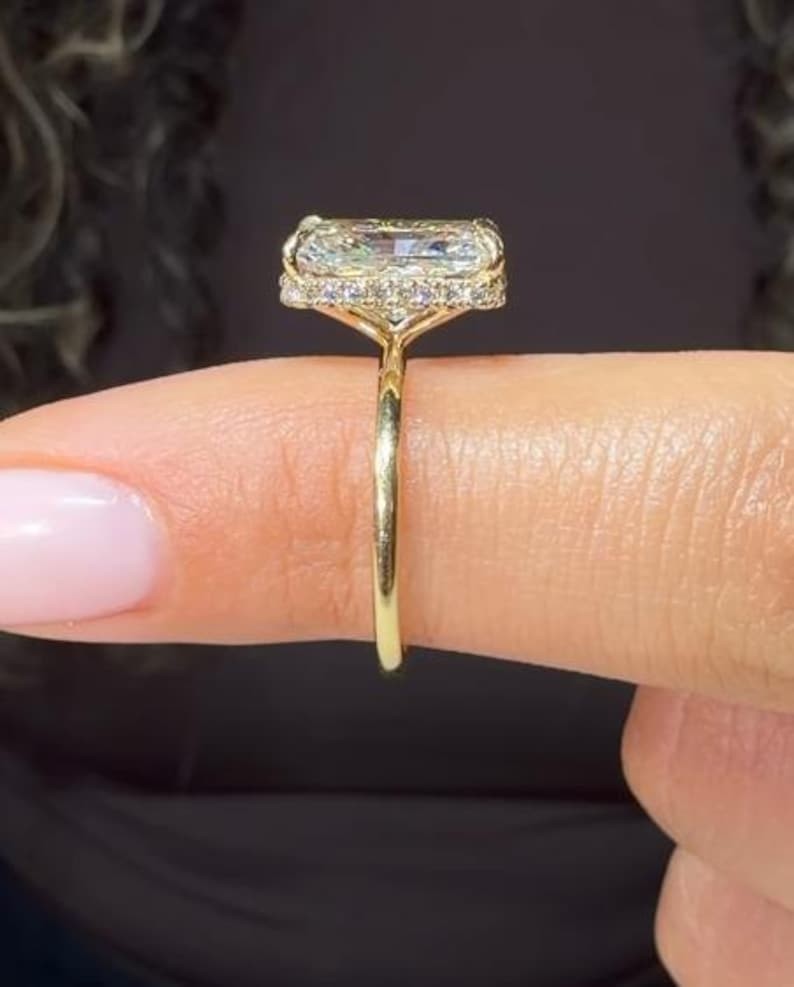 2.0 CT Radiant Cut Moissanite Prong Set 14K Gold Hidden Halo Engagement Ring