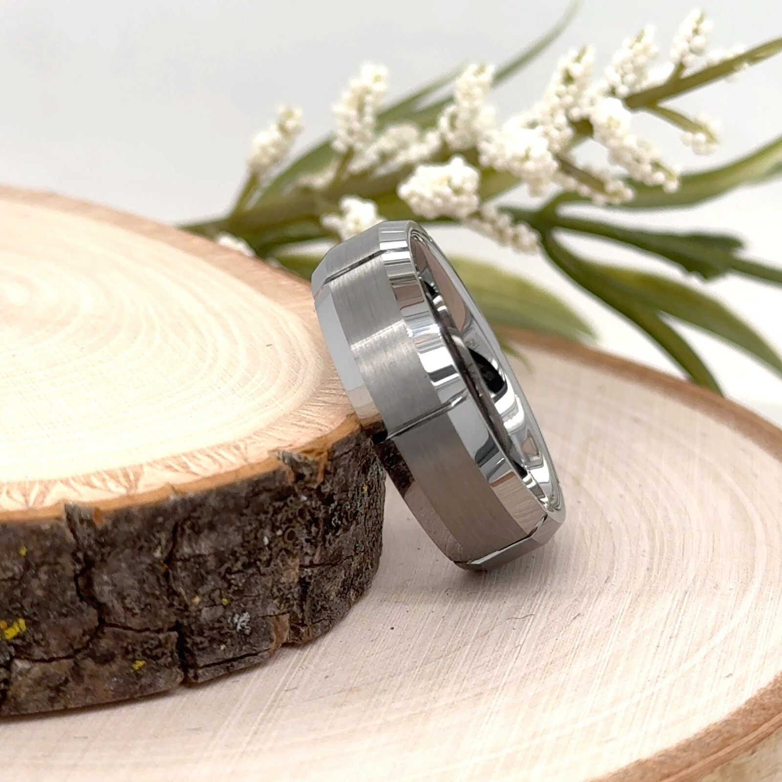 High Polished Edge Unisex Engraved Band Satin Brushed 7MM Silver Tungsten Ring