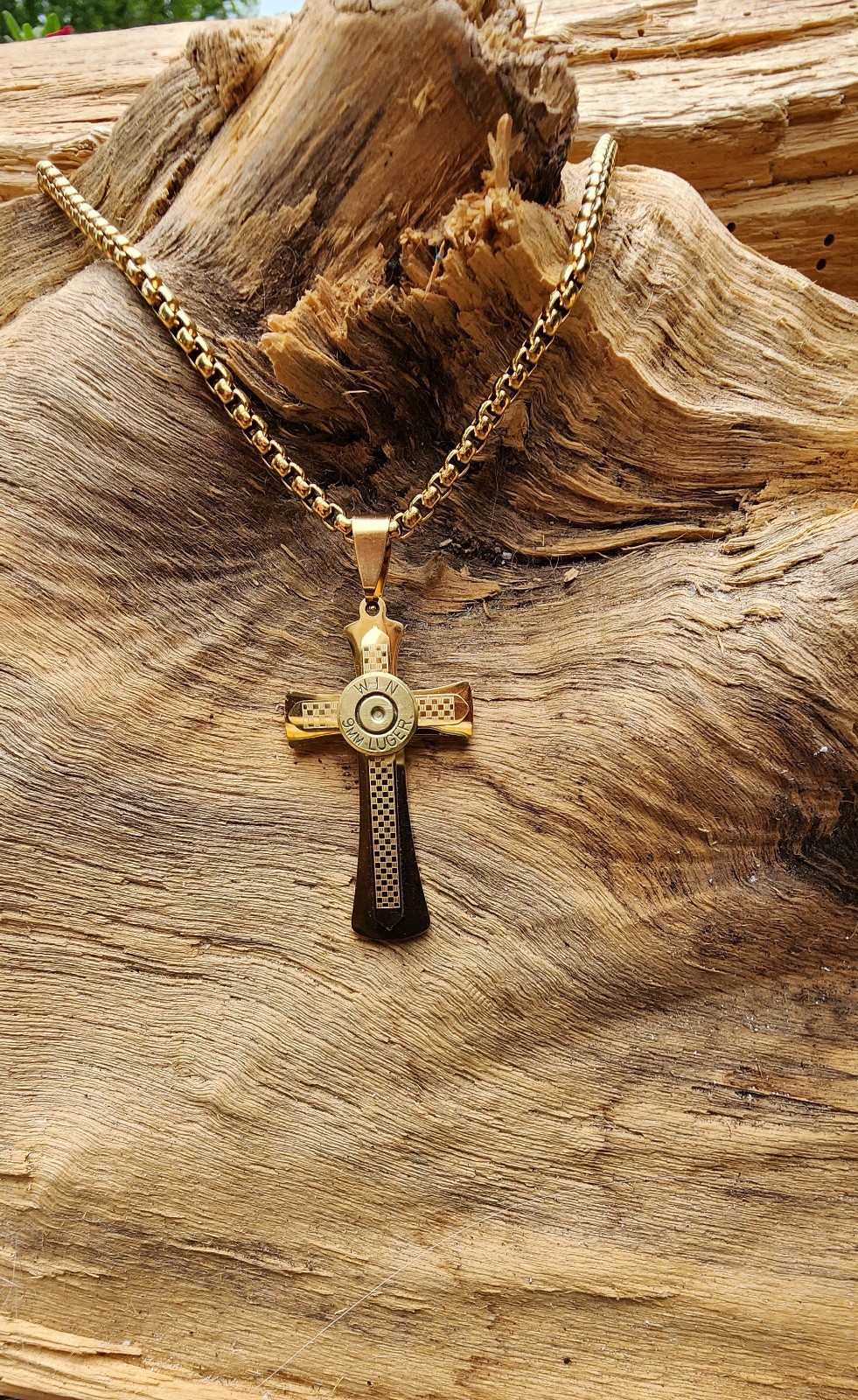Gold Stainless Steel Cross Necklace with 9mm Bullet. Optional Crystal.