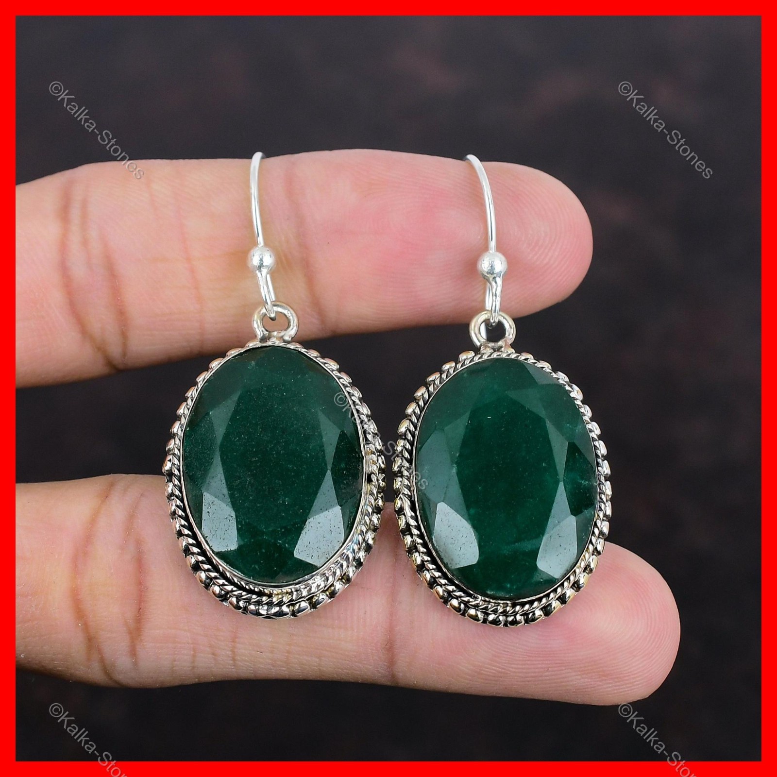925 Sterling Silver Zambian Emrald Stone Dangling Ethnic Bezel Vintage Earrings