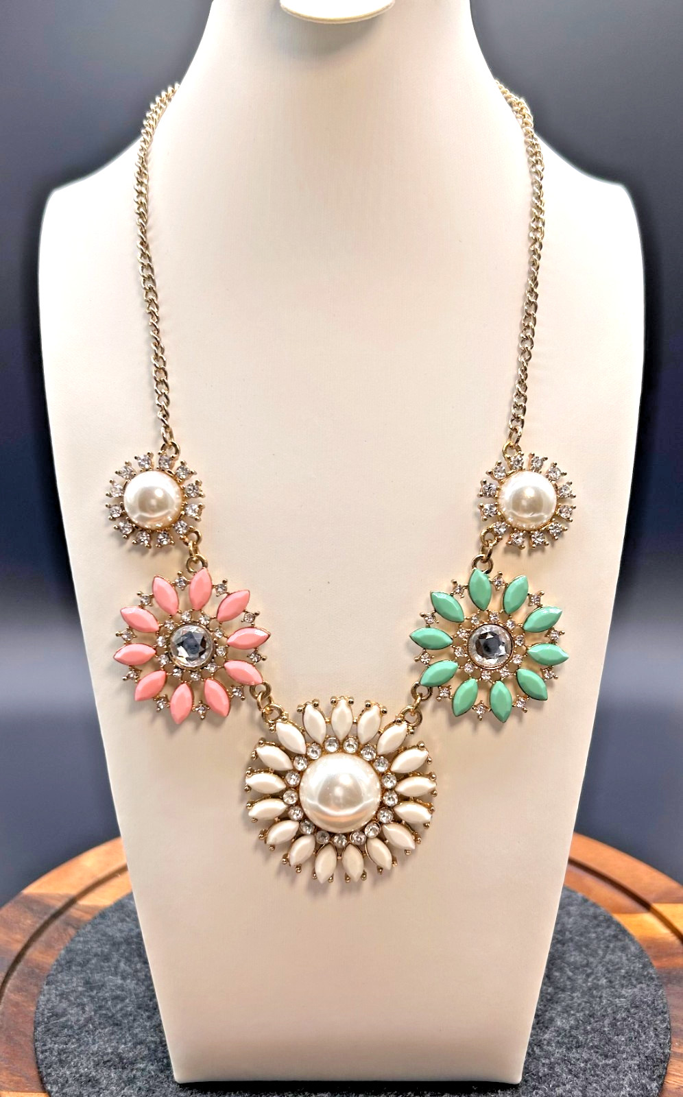 Bold Floral Bib Statement Necklace Pink Mint White Cream Pearl Rhinestones