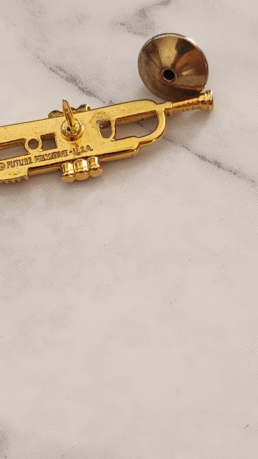 vtg Trumpet Tie Tac/ Pin SIGNED FUTURE PRIMITIVE USA PIN Goldtone