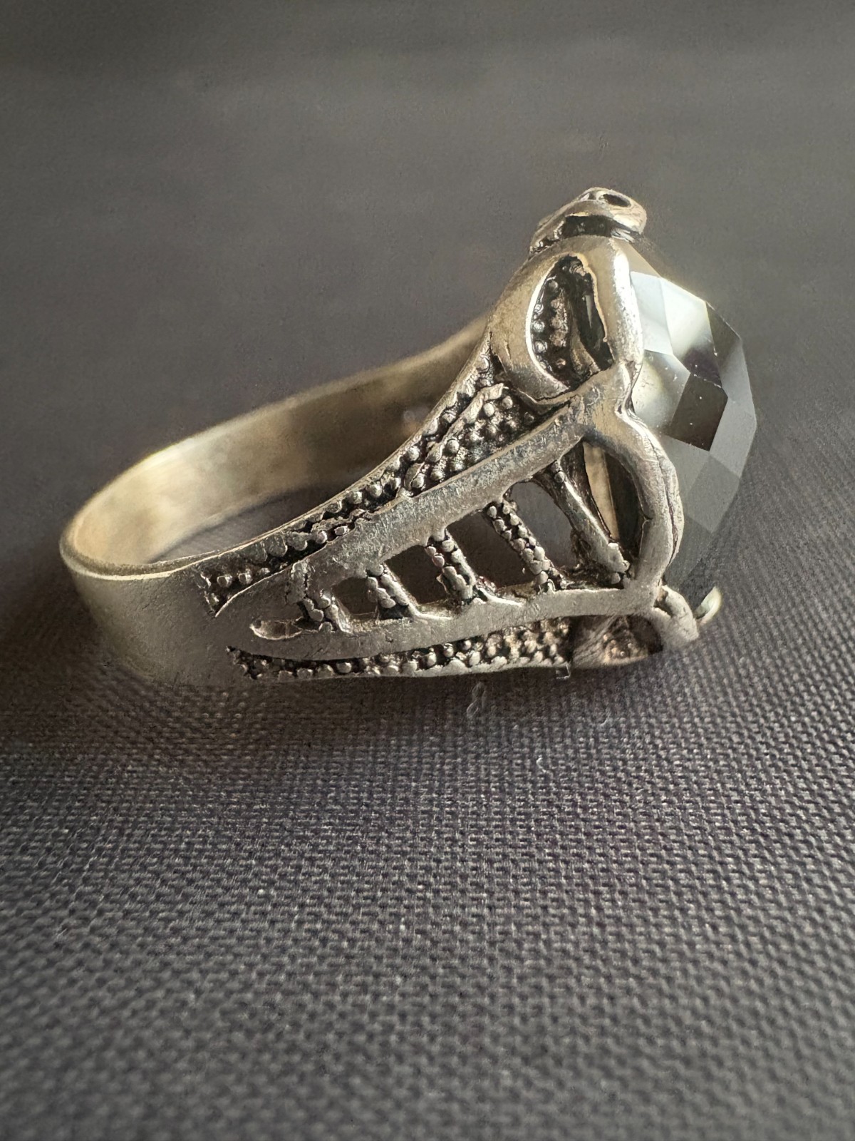 Vintage Silver Ring Faceted Black Onyx Ring Handcrafted Ring 10.75 US