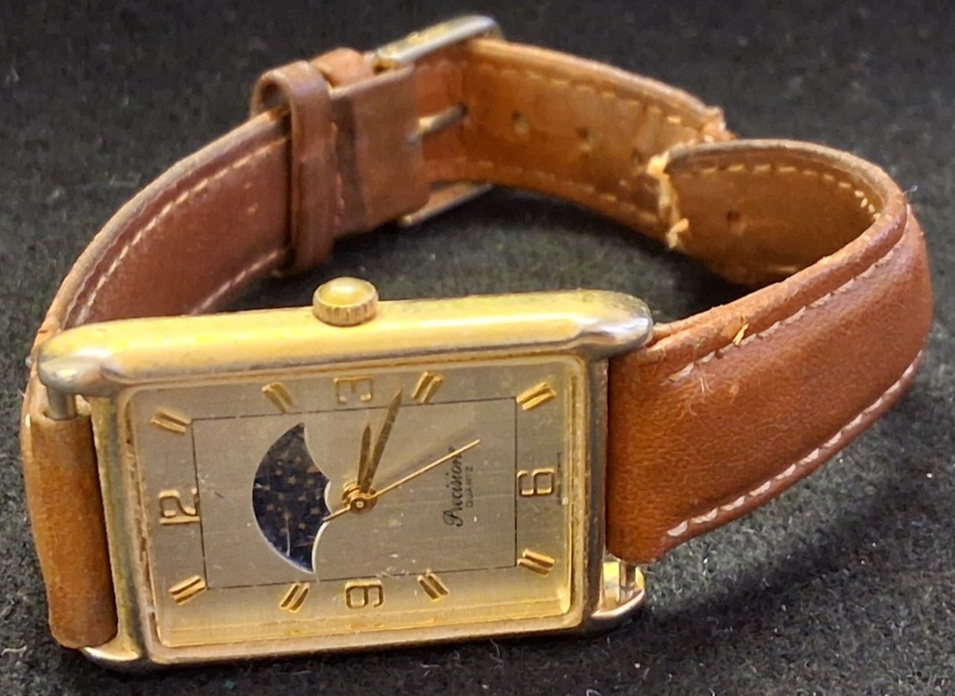VINTAGE PRECISION QUARTZ BY GRUEN WRISTWATCH MOON PHASE RECTANGULAR TANK WATCH