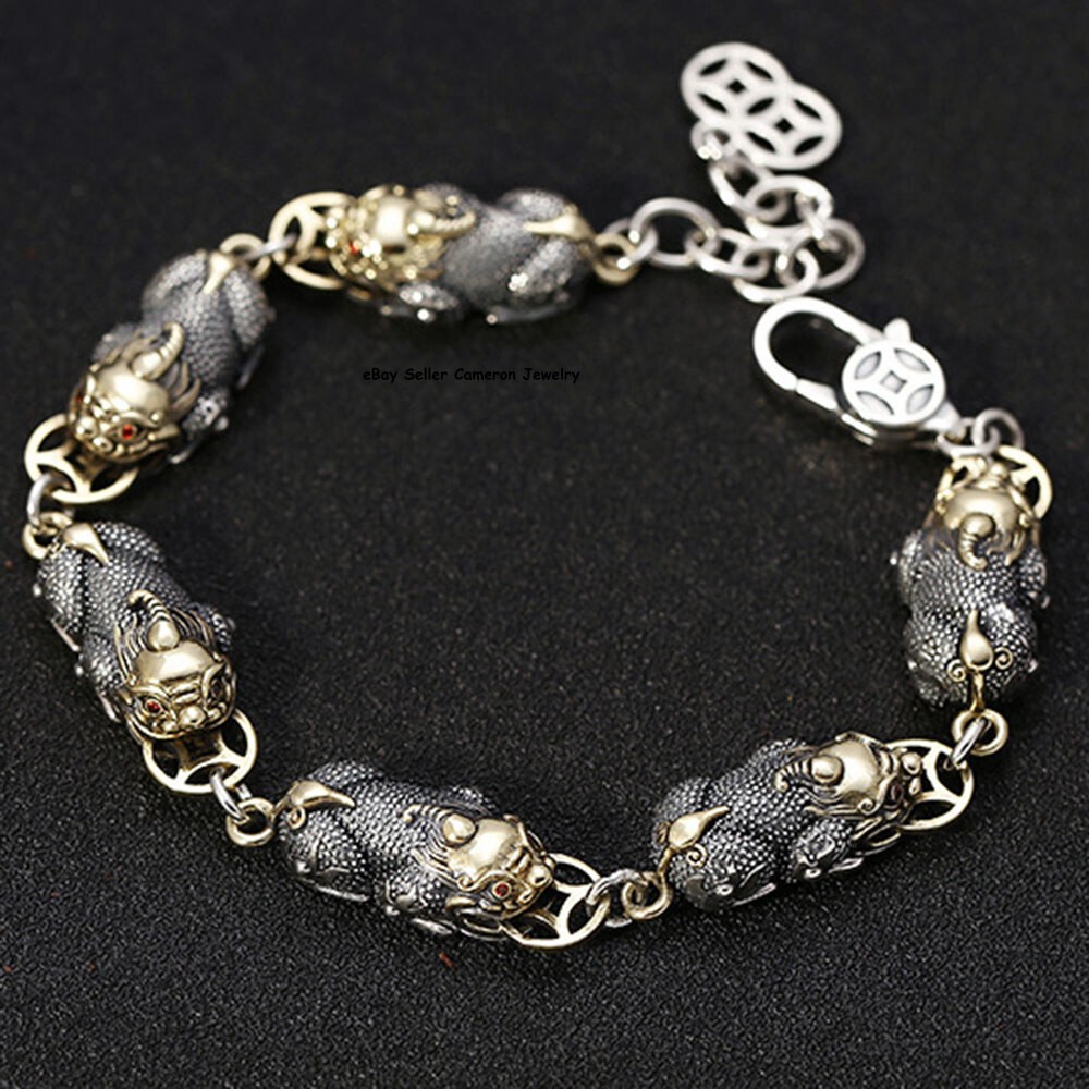 Solid 925 Sterling Silver Chain Men 15mm Two Tone Pixiu Link Bracelet 7.9+1.2″L