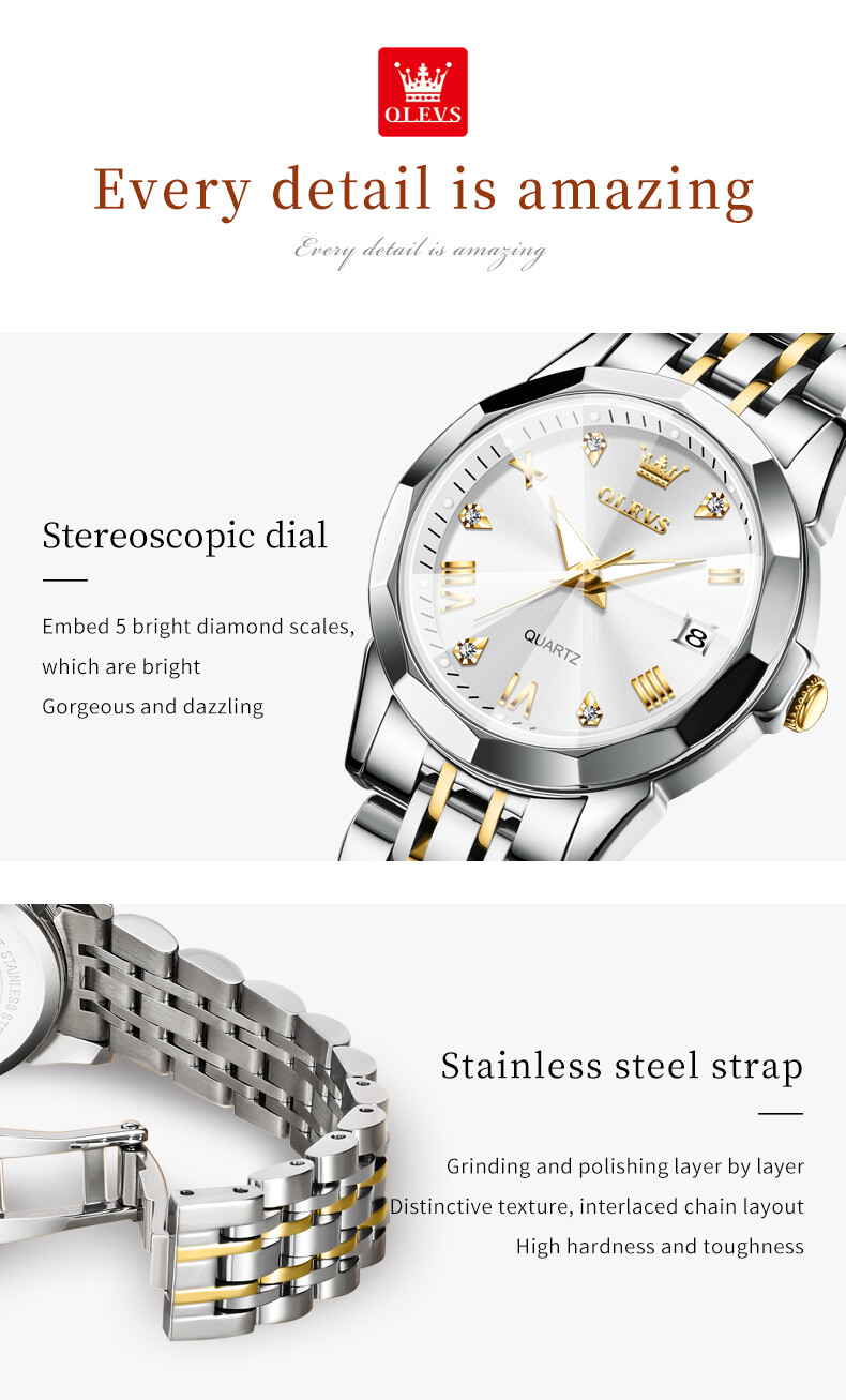 OLEVS Quartz Watch Date Display Stainless Steel Waterproof Women Wristwatch-9931