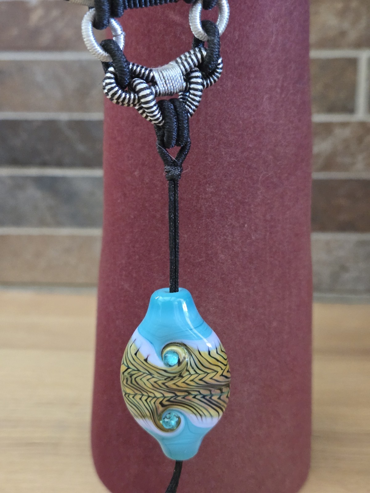 Art Glass Bead Necklace On Silver Wrapped Black Cord Boho Unique