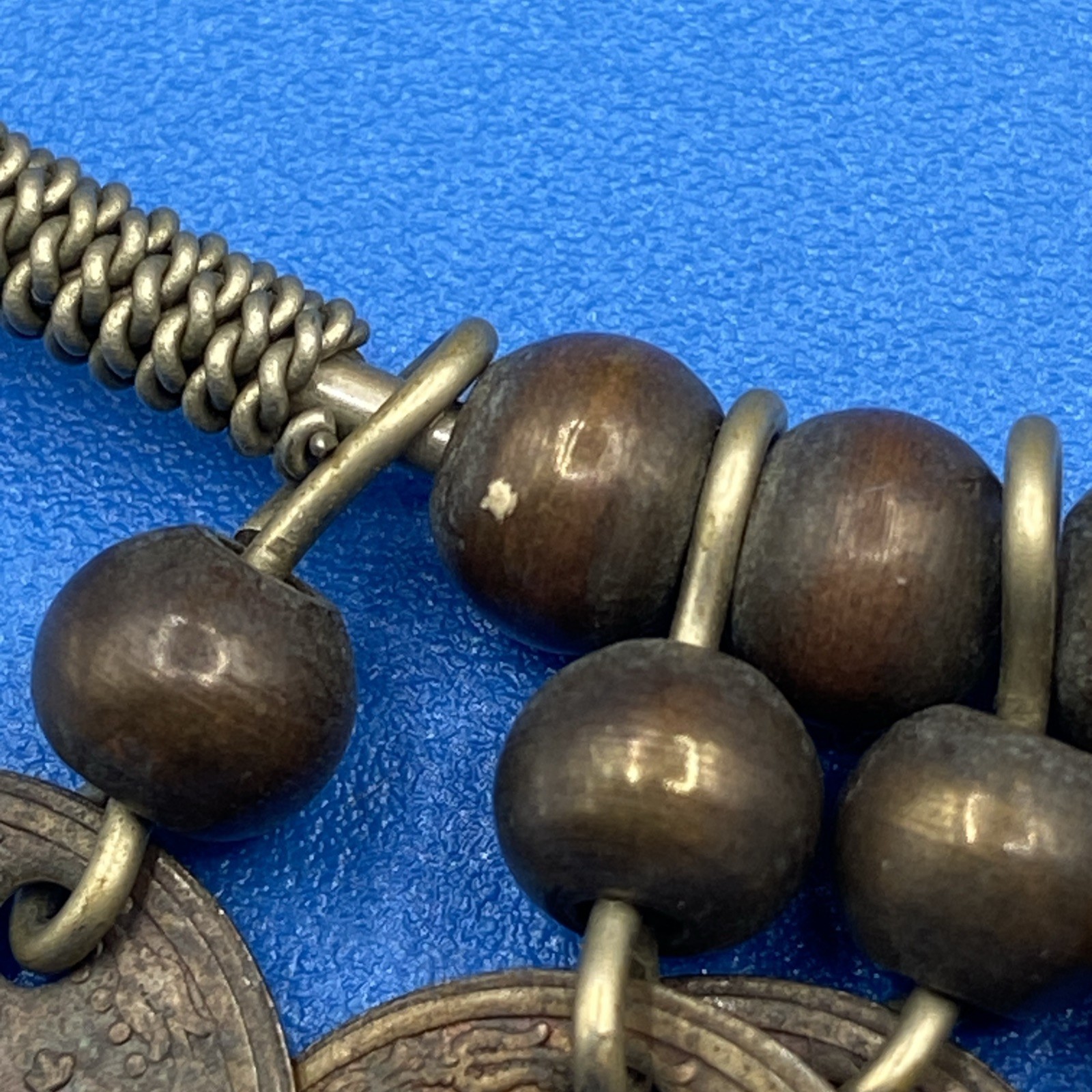 NECKLACE vintage 1960s 1970s old Coins tribal hoop metal wire ring Etruscan 16″