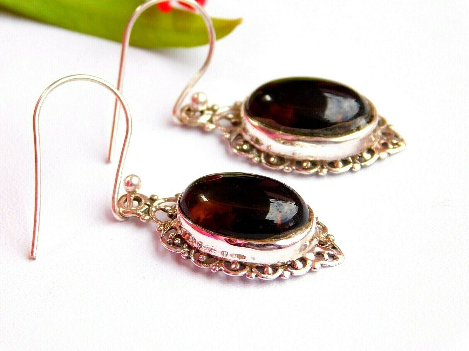 925 Pure Sterling Silver Brown Smoky Quartz Beads Dangle Earrings 1.4″