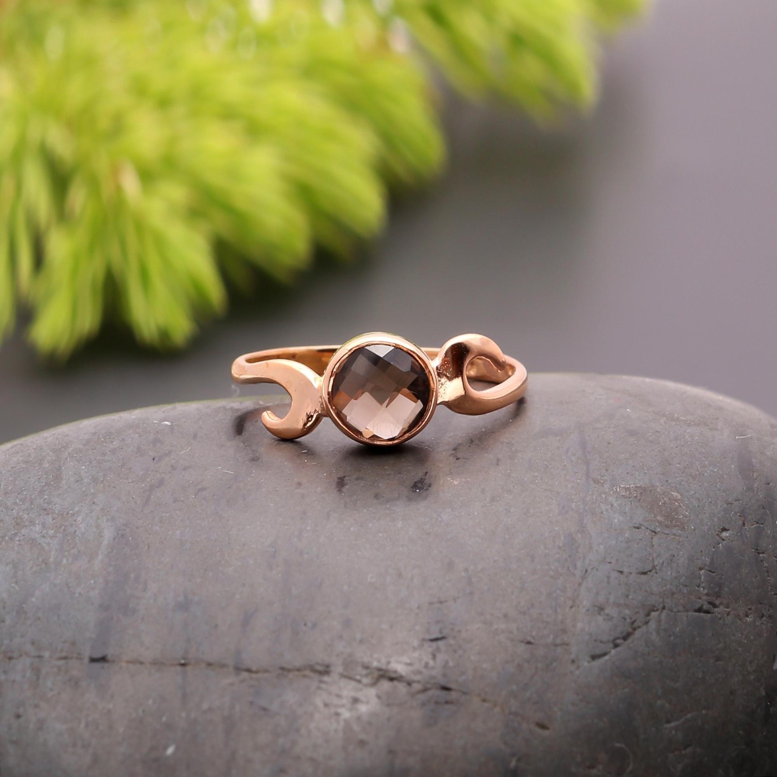 Natural Smoky Quartz Round Cut Ring Rose Gold Fill 925 Sterling Silver Jewelry