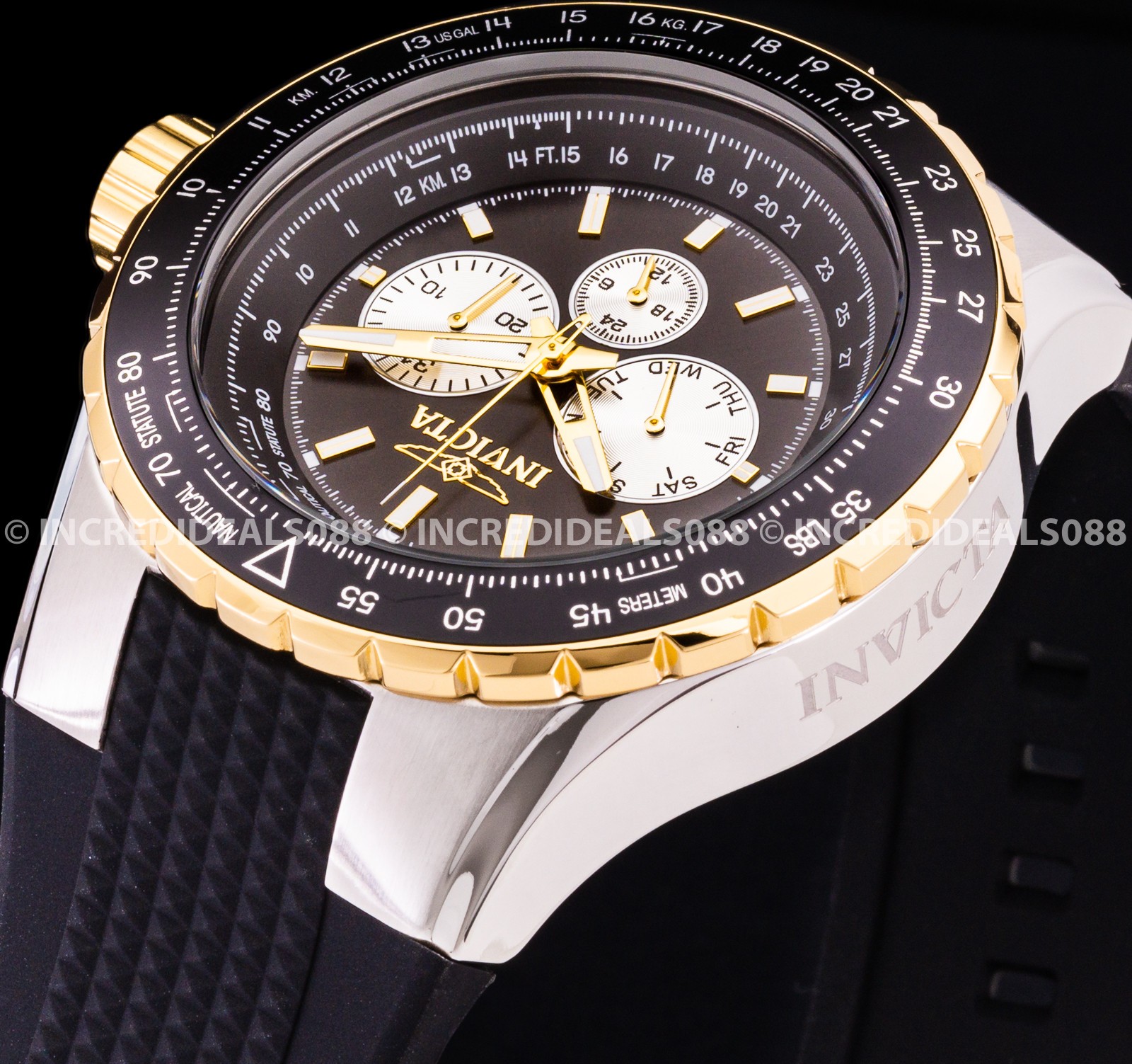 Invicta Men AVIATOR Silver 18 Gold Bezel Black Dial Strap Multi Function Watch
