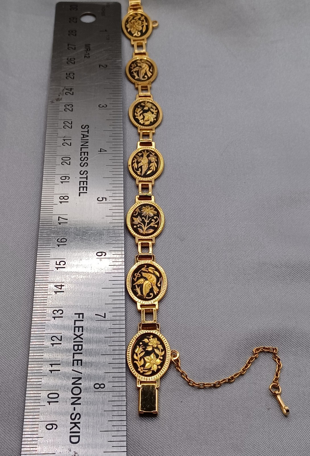 VTG Midas Damascene Bracelet Flower & Bird Black w/Gold Inlay Toledo, Spain8.25″