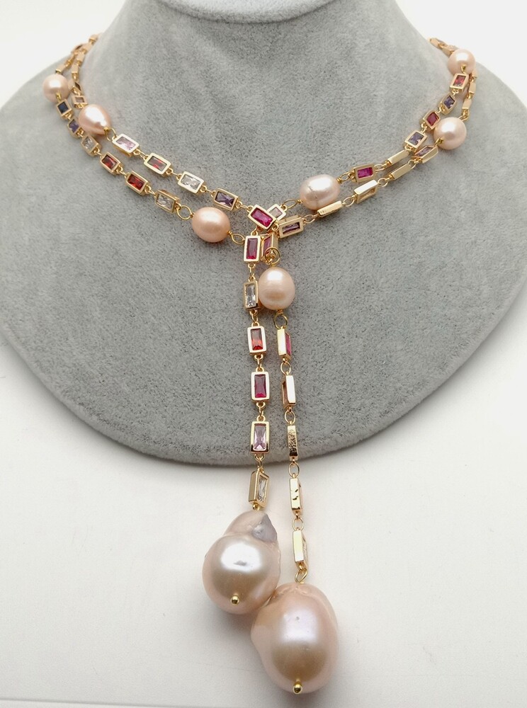50″ Cultured Pink Keshi Pearl Mixed Color Rectangle Cz Pave Long Chain Necklace