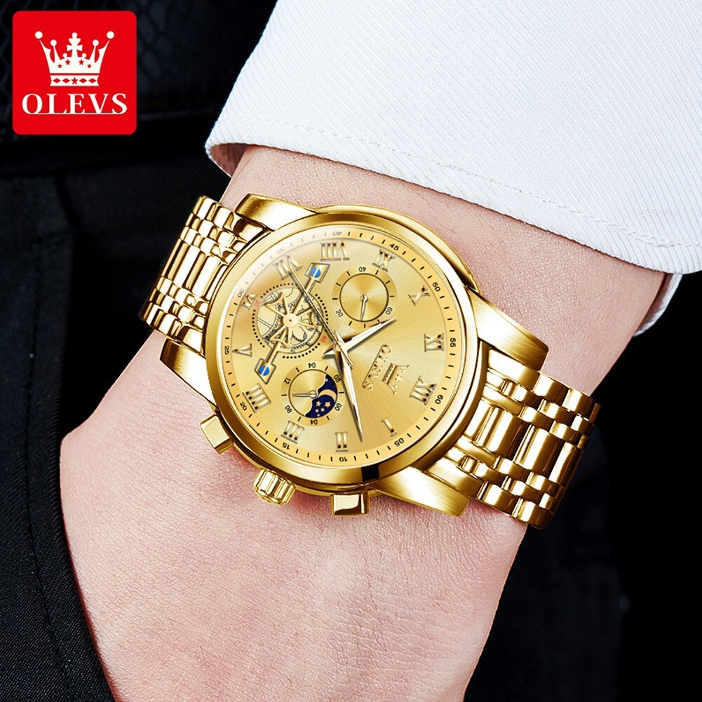 OLEVS Quartz Men’s Watch, Stainless Steel, Chronograph, Waterproof, Moon Phases
