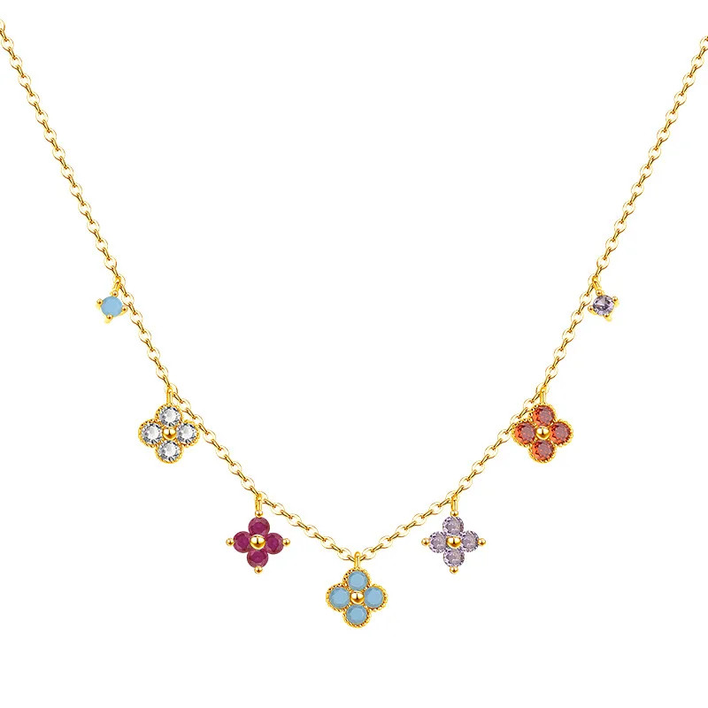 925 Sterling Silver Colorful AAA CZ Gold Clover Necklace Women Elegant Pendant