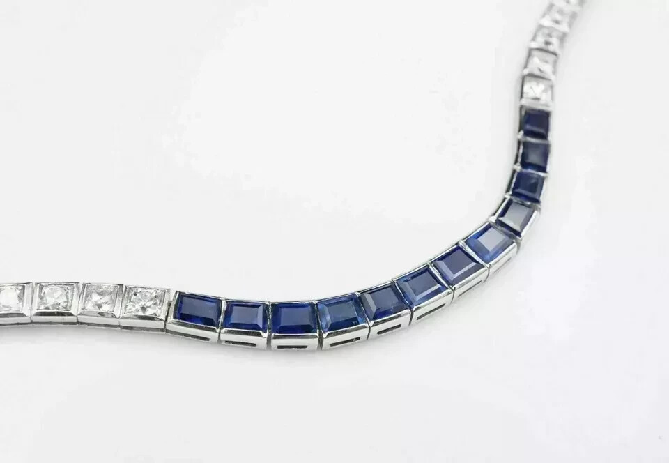 10CT Princess Cut Blue Sapphire Lab Crated Tennis Necklace 14K White Gold Plated