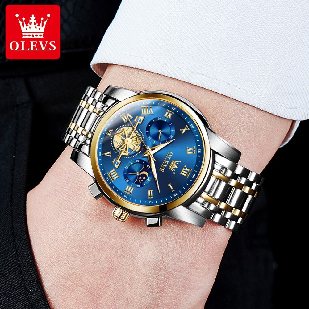 OLEVS Quartz Men’s Watch, Stainless Steel, Chronograph, Waterproof, Moon Phases