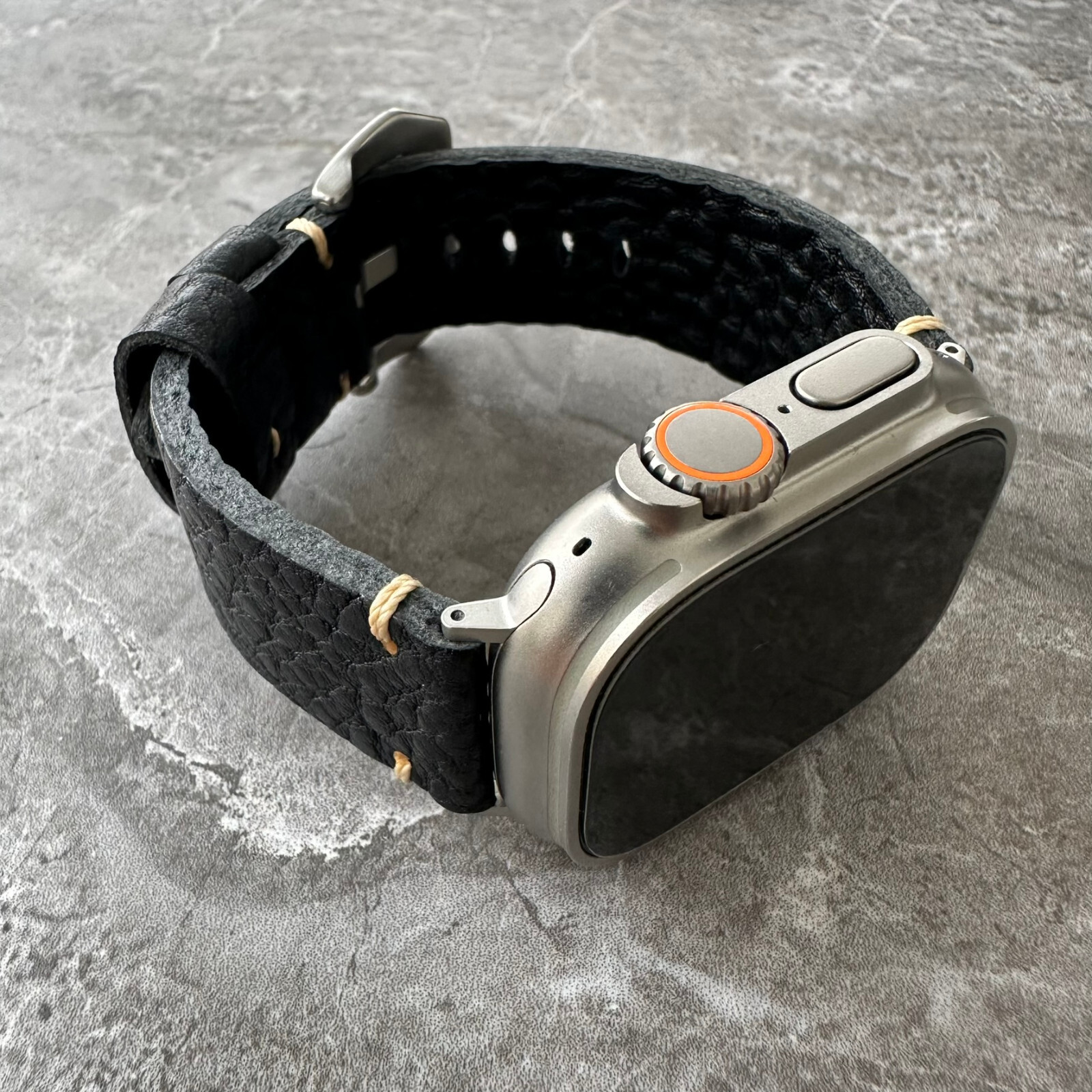 Thick Lychee Dark Black Leather Watch Strap Band For Apple Watch Ultra 1 2 49mm
