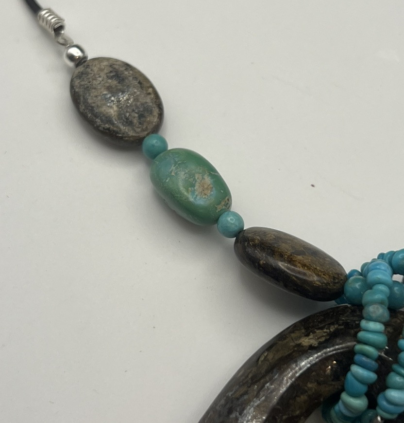 Sterling 925 FAS SOUTHWESTERN BRONZITE & TURQUOISE STONE Cord NECKLACE 16-19”