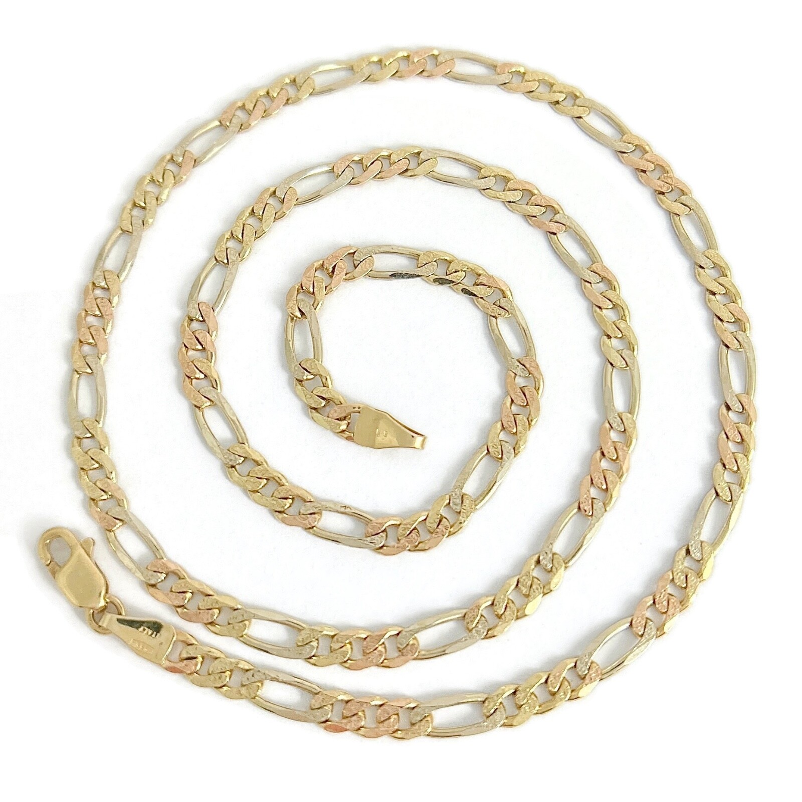 Italian Tri-Color Figaro Chain Necklace 14K Yellow Gold, 18 Inches, 11.01 Grams