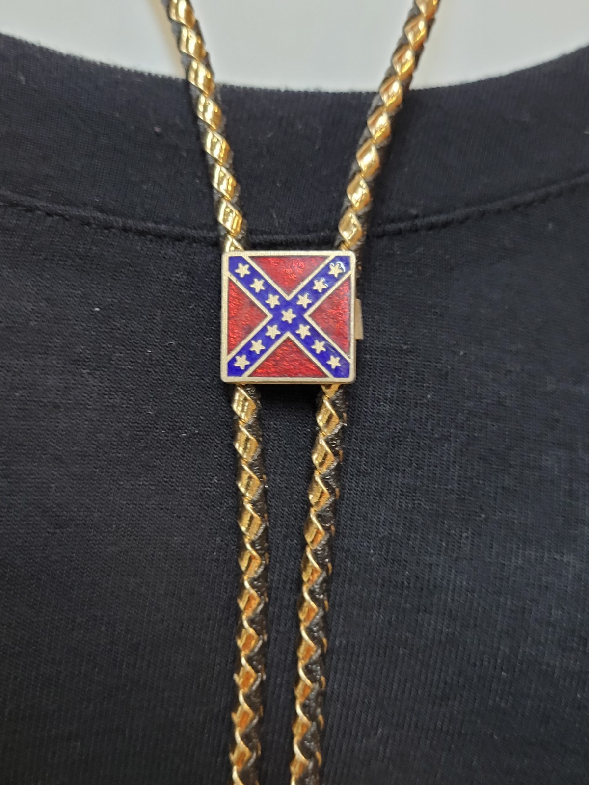 Co Federate Flag Bolo Tie With Leather Rope And Brass Tie End Cap