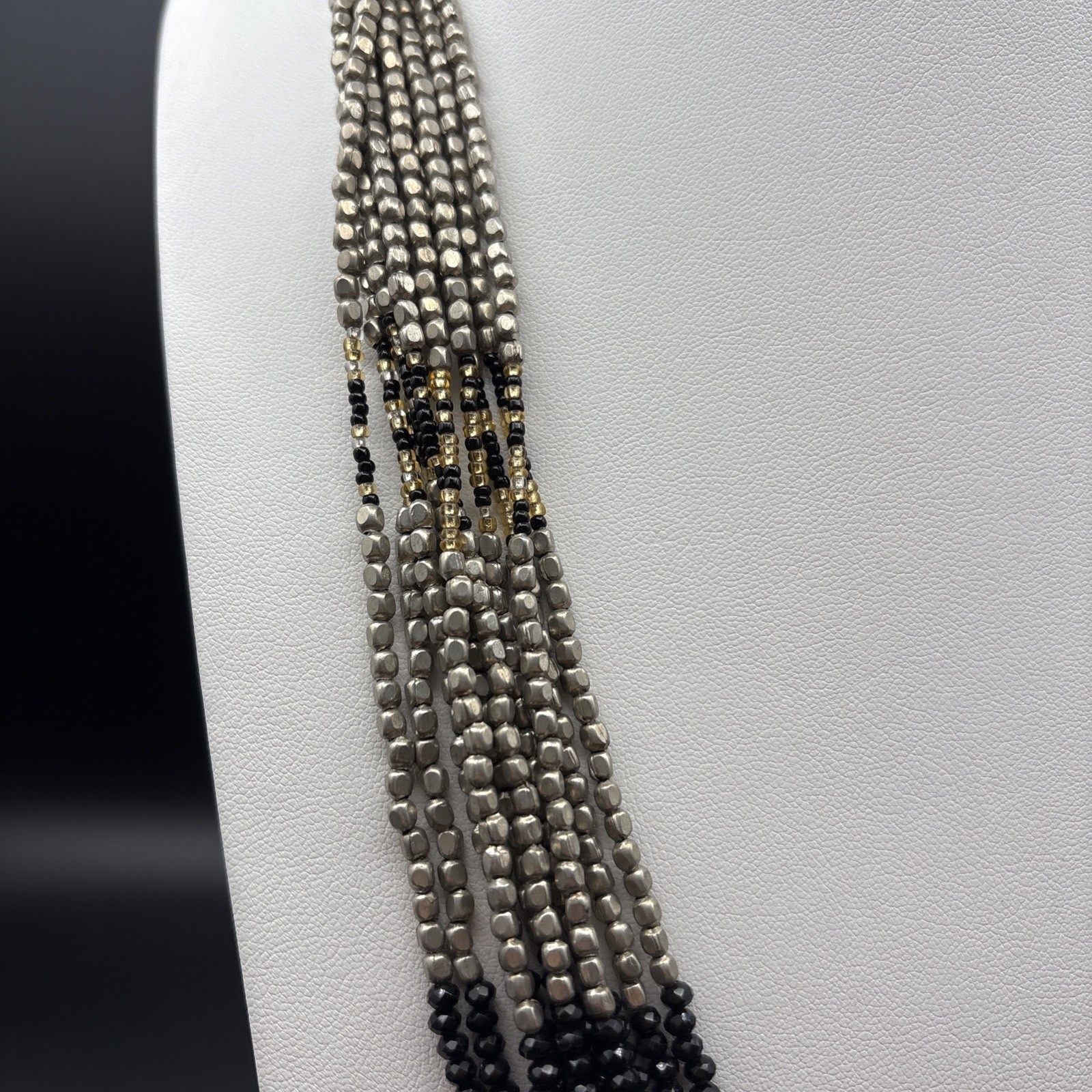 Himalayan Gems Necklace Fringe Boho Flapper Vibe Black Silver Gold Beads 23”