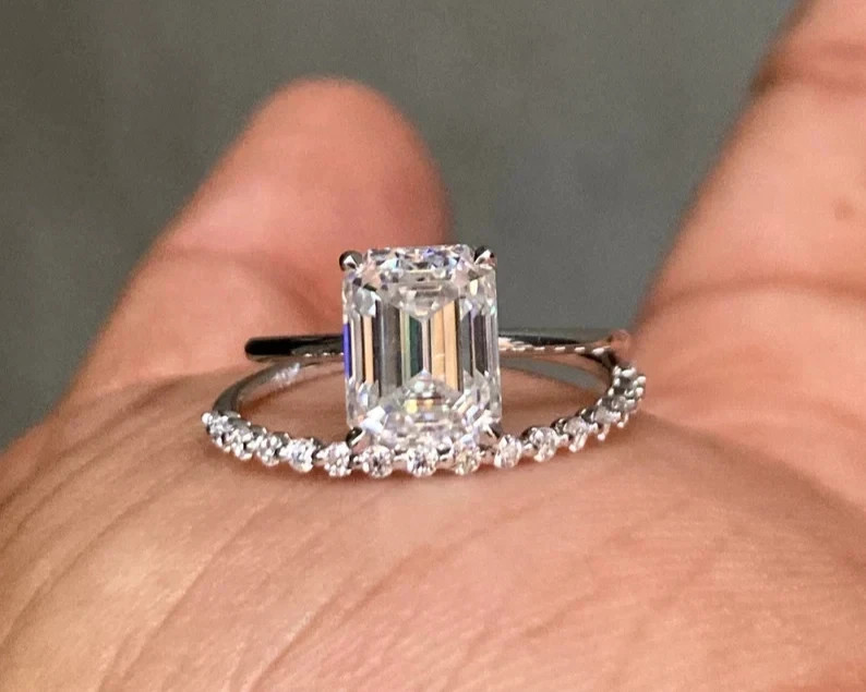 14k White Gold Emerald Cut Diamond Ring Set 3.25 Carat Lab Grown IGI VVS E F