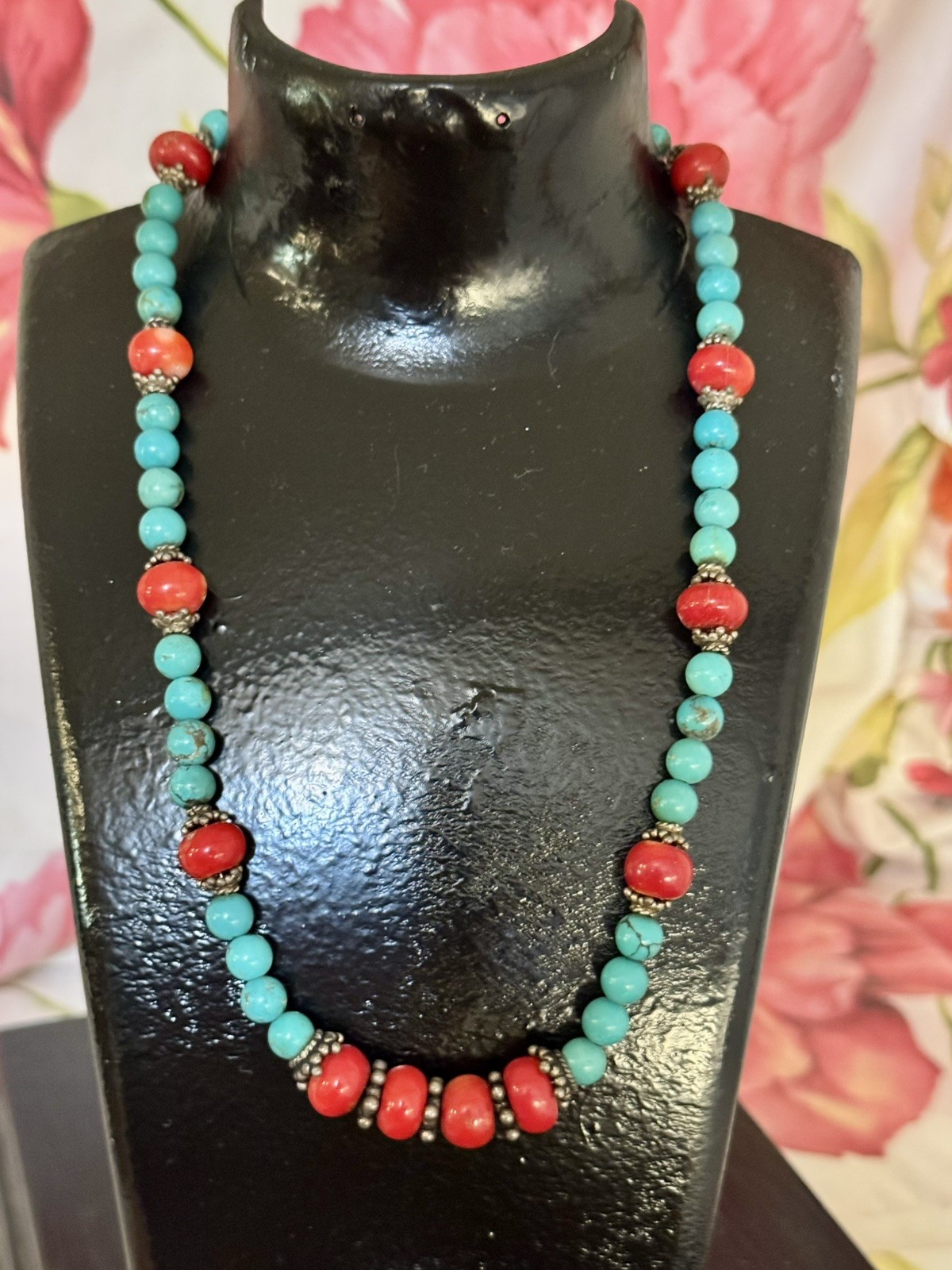 Vintage Native America Southwest Turquoise, Red Coral & Sterling Necklace