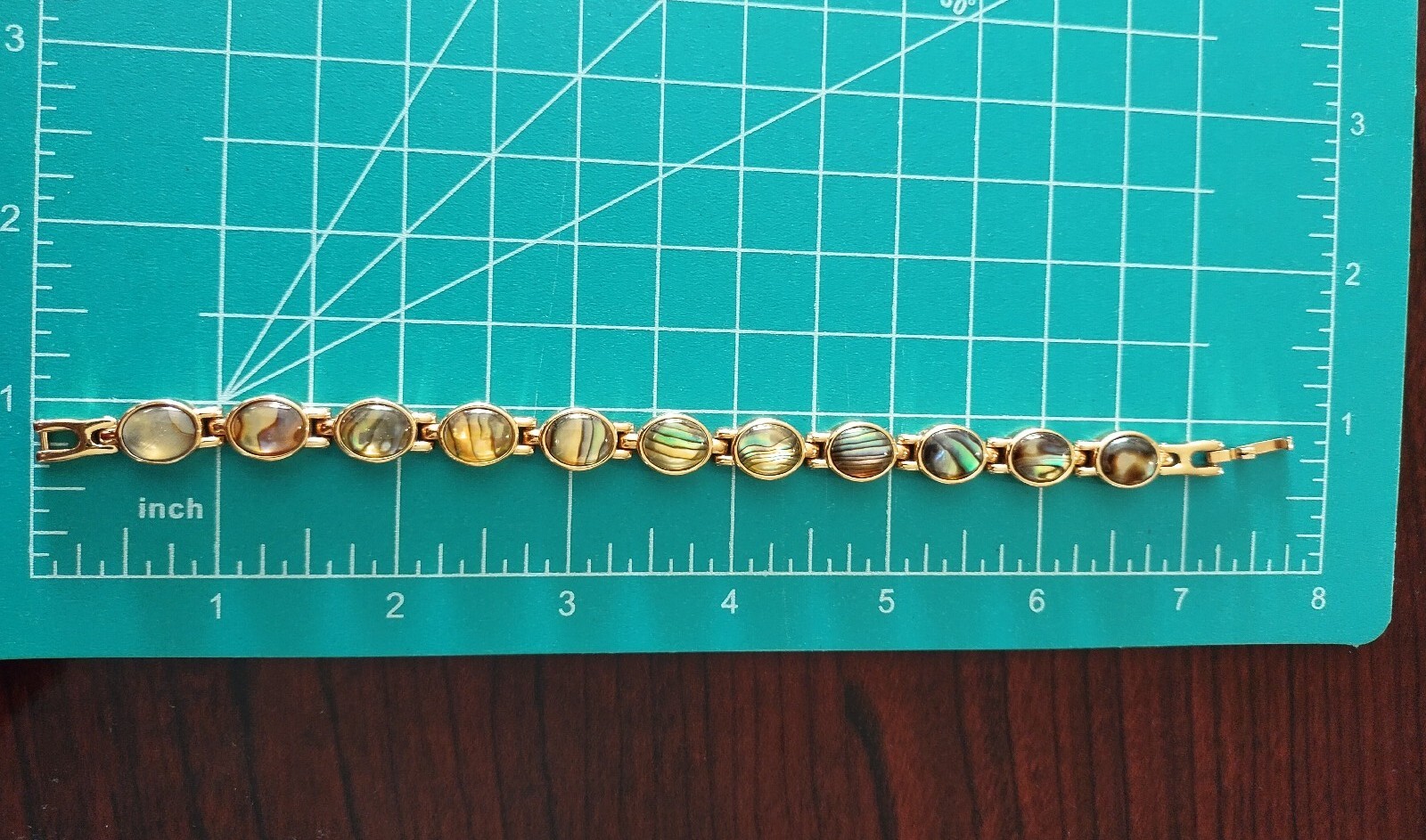 Blue, Green & Brown Opalescent Cabochon Gold Tone Link Bracelet