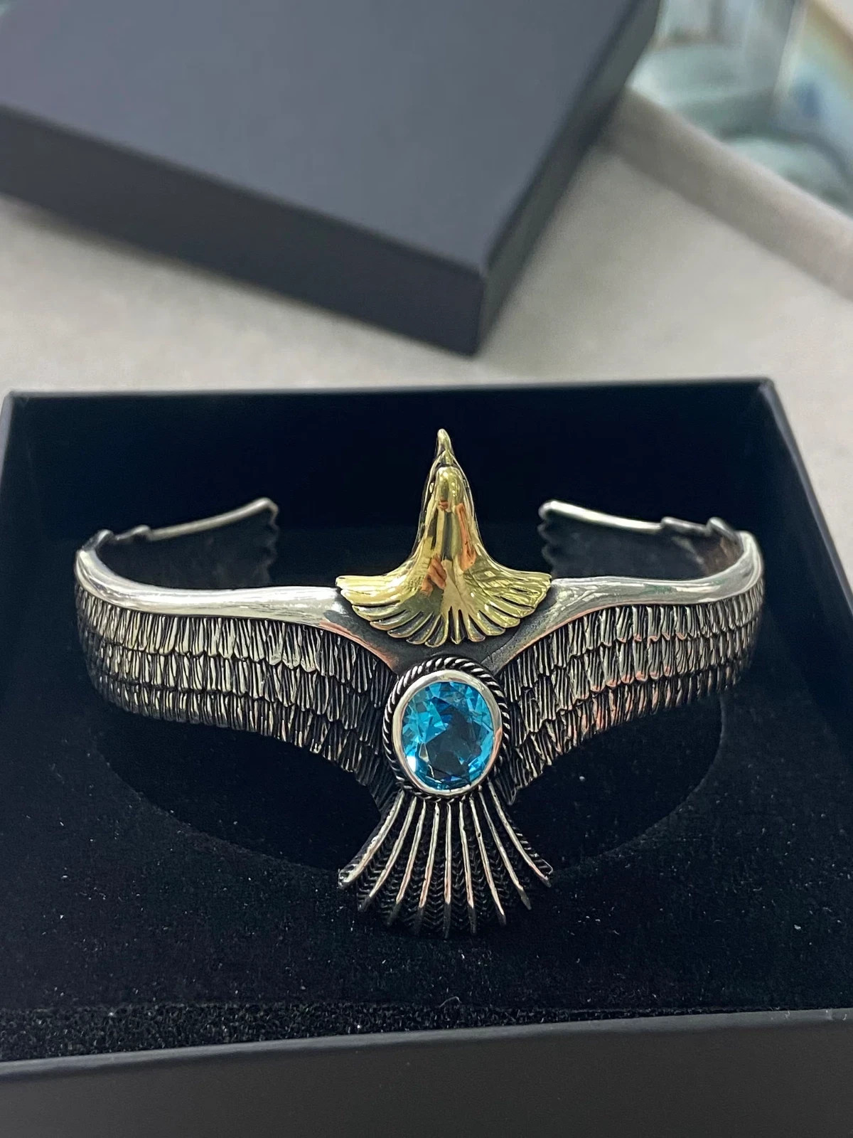 German Silver 925 Stamped Eagle Bracelet with Aquamarine Cuff Bangle