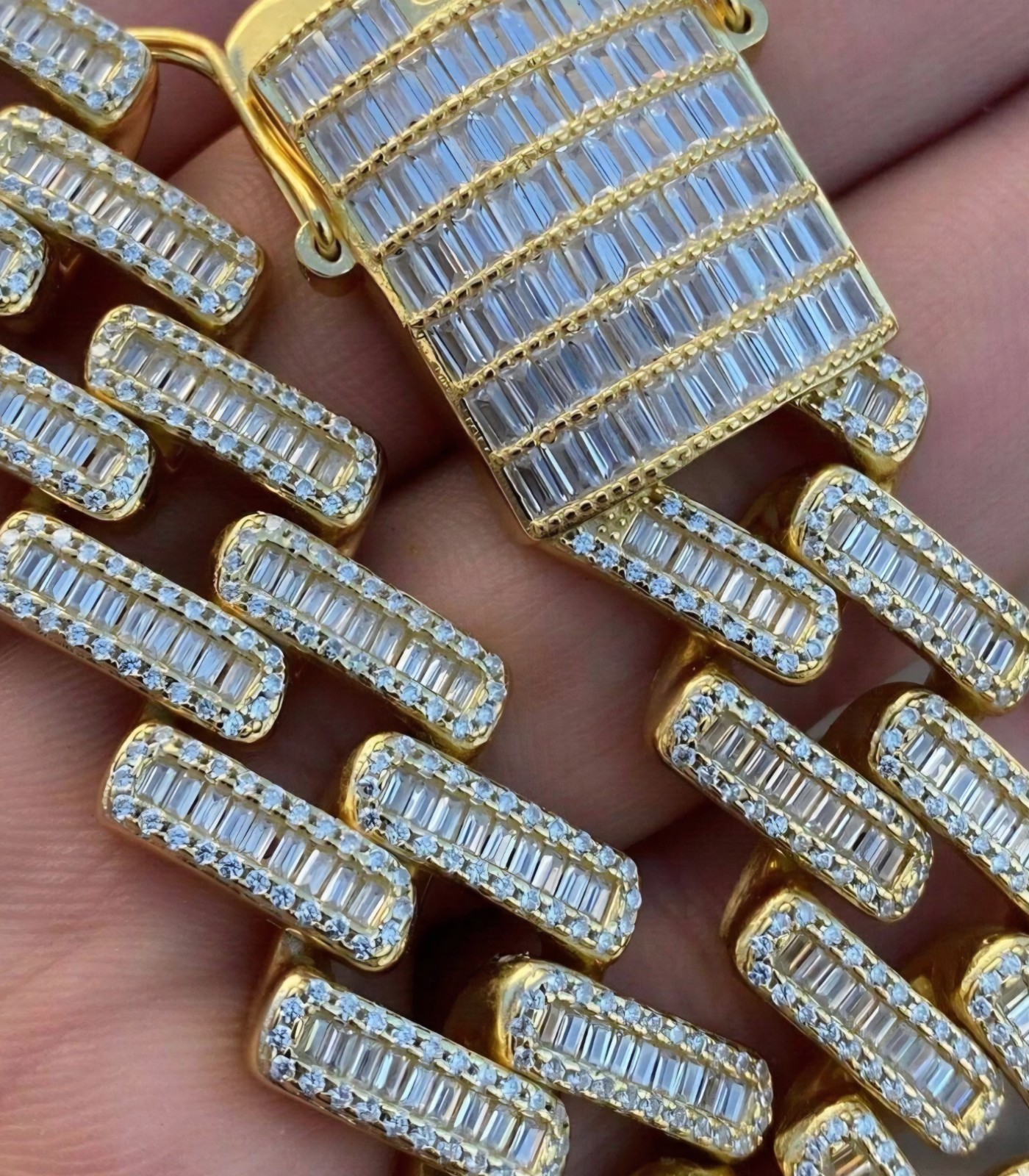 Baguette Prong Miami Cuban Link Chain Necklace Iced Out CZ Stones – 14k Gold Ver