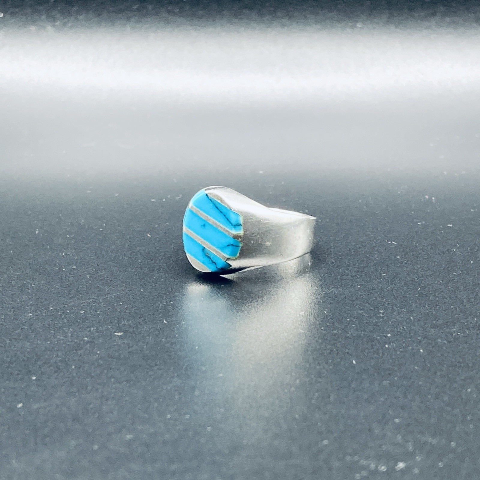 Vintage Taxco 925 Sterling Silver Turquoise Signet Ring Size 10 Linear Inlay 9g