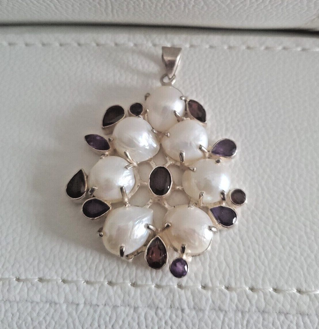 Freshwater Pearl Amethyst & Garnet 925 Sterling Silver Modernist Pendant