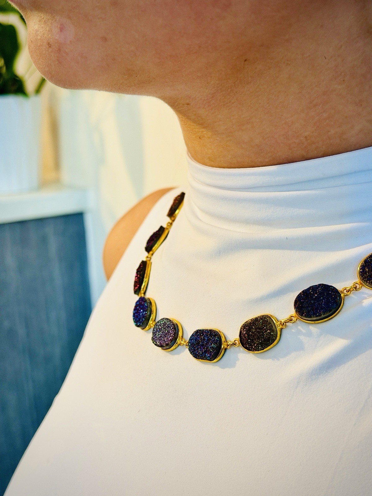 Gold Plated Sterling Silver Multi Color Druzy Link Station Necklace Rainbow New