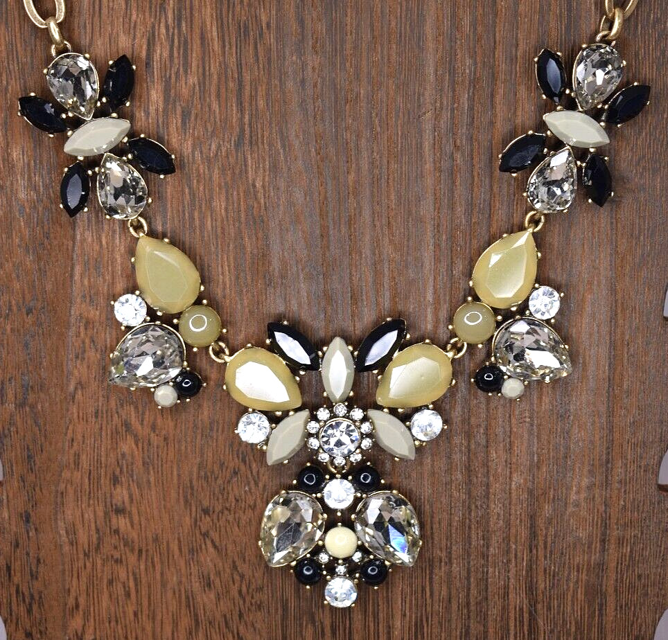 J. Crew Statement Large Rhinestone Clear Black Gold Tone Bib Necklace NEW NWT