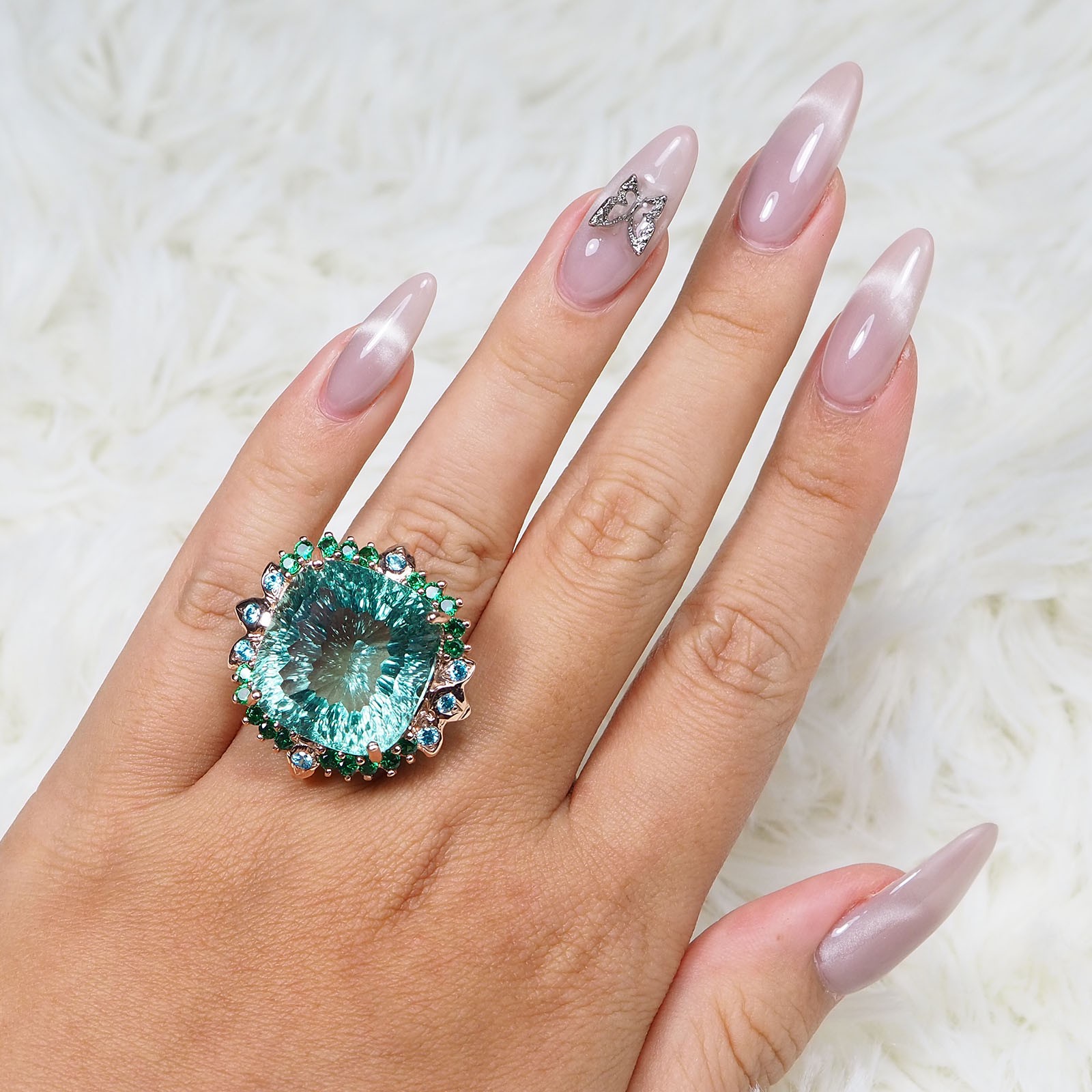 Mint Green Tourmaline Concave 30.15Ct 925 Sterling Silver Rings Free Resizing