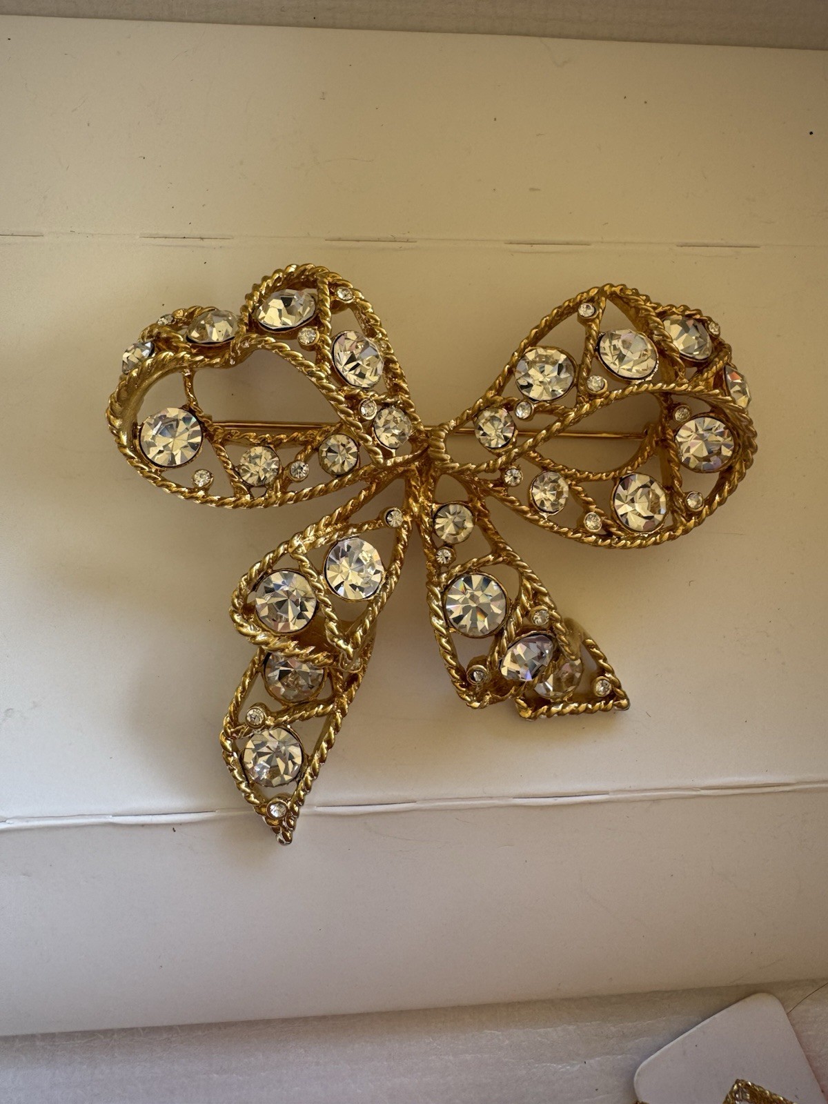 Vintage Gold Tone Ribbon Brooch with Pavé Set Crystal Rhinestones Free Shipping