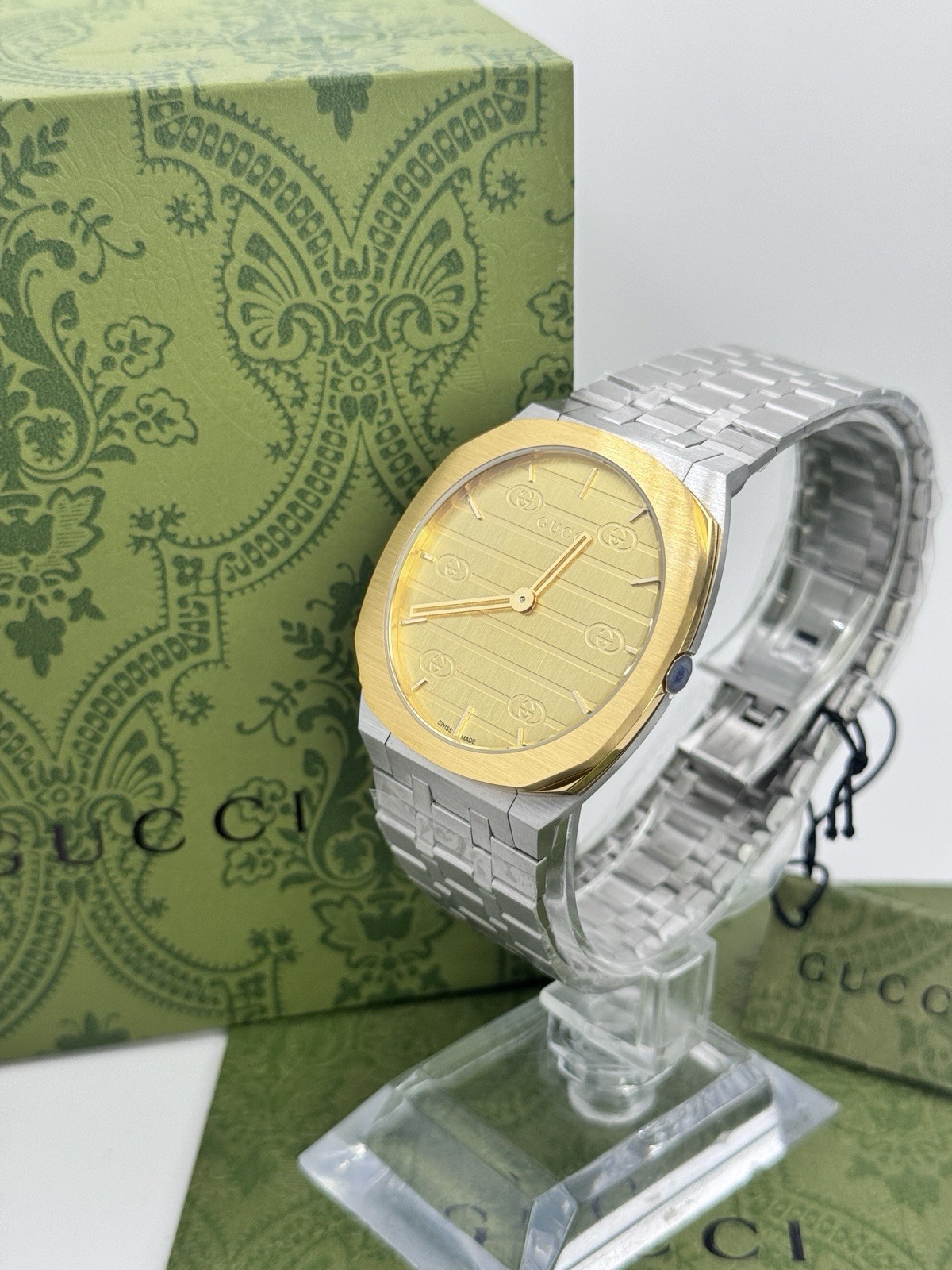 New Gucci 25H Golden Brass Dial YA163405 38mm Swiss Quartz Men’s Watch – Silver