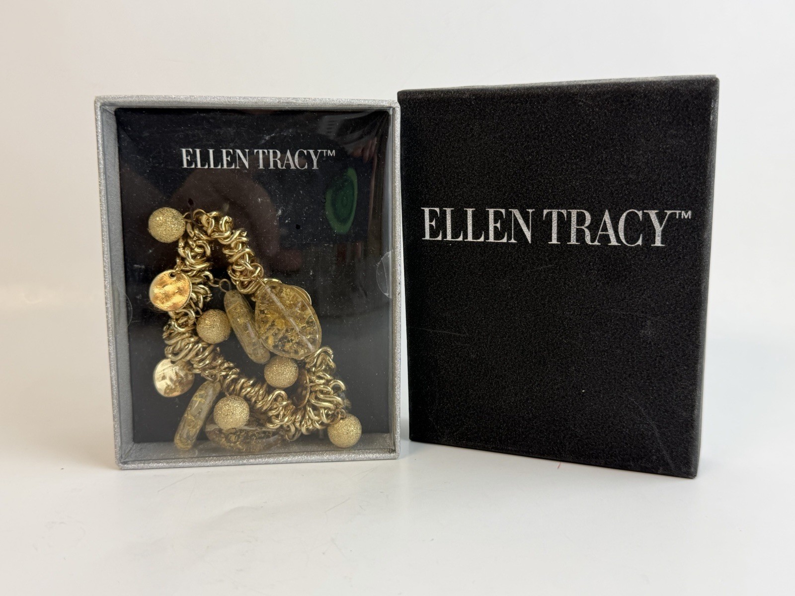 Ellen Tracy Gold Tone Chunky Bead Charm Bracelet w/ Gold Flake Resin Charms
