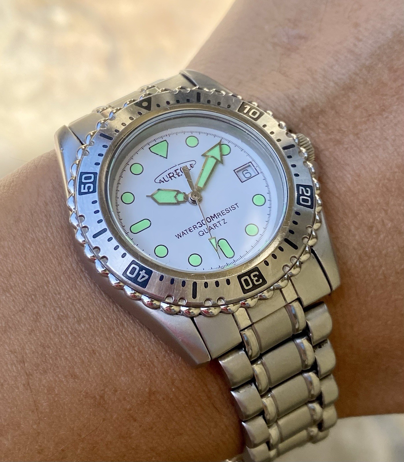 Vintage 1990s Aureole Swiss Quartz Diver Watch 36mm Stainless Steel Sandblasted