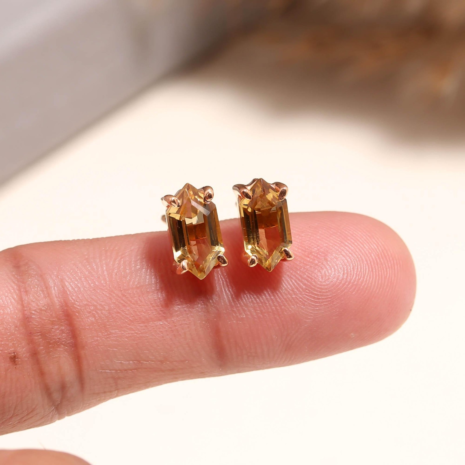Natural Citrine Hexagon Stud Earrings Rose Gold Fill 925 Sterling Silver Jewelry