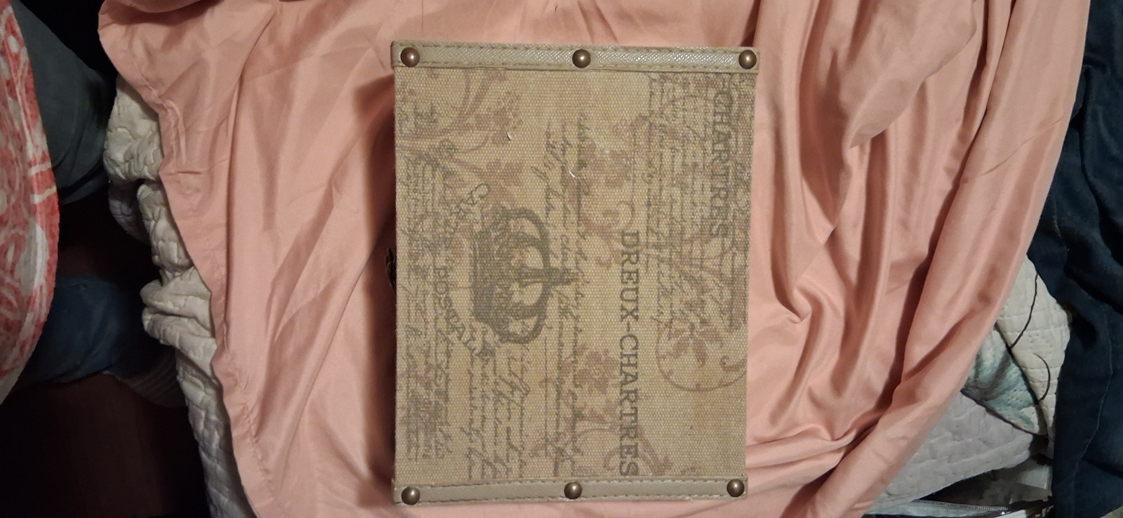 Pier 1 Imports Beige Map Print Rectangular Lined Jewelry Box Fabric Metal 10.5″