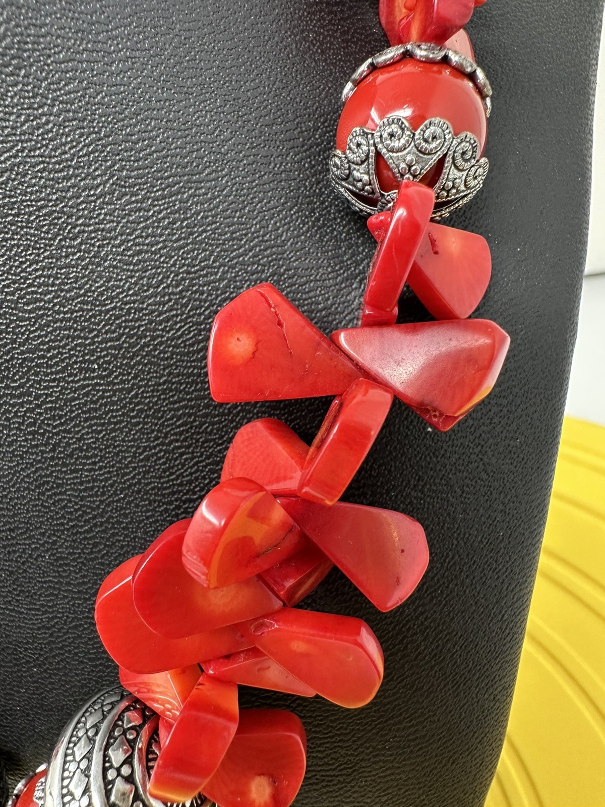 Sterling Silver Cross On A Red Coral Bead Necklace 114 Grams 17 Inch