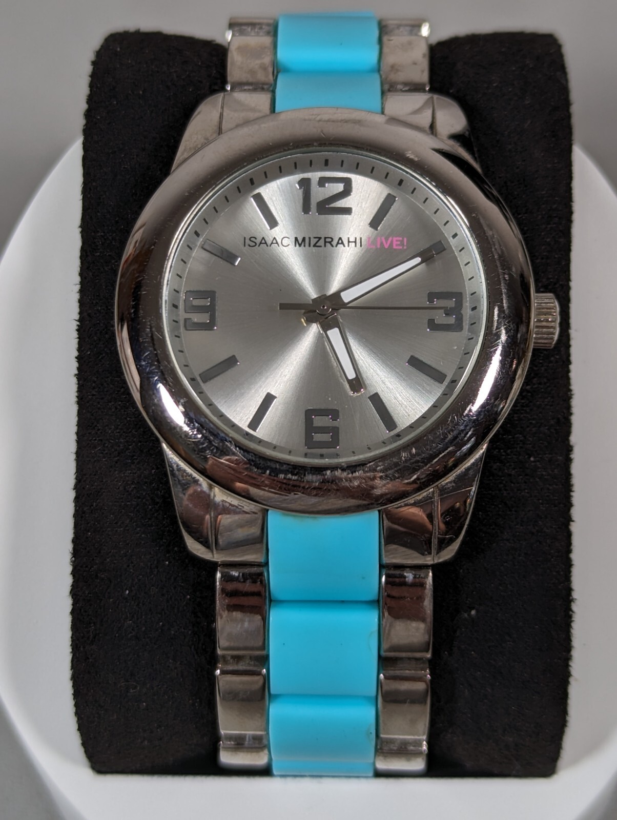Isaac Mizrahi Live Silver Tone Dial Round Case Blue Link Bracelet Band Watch