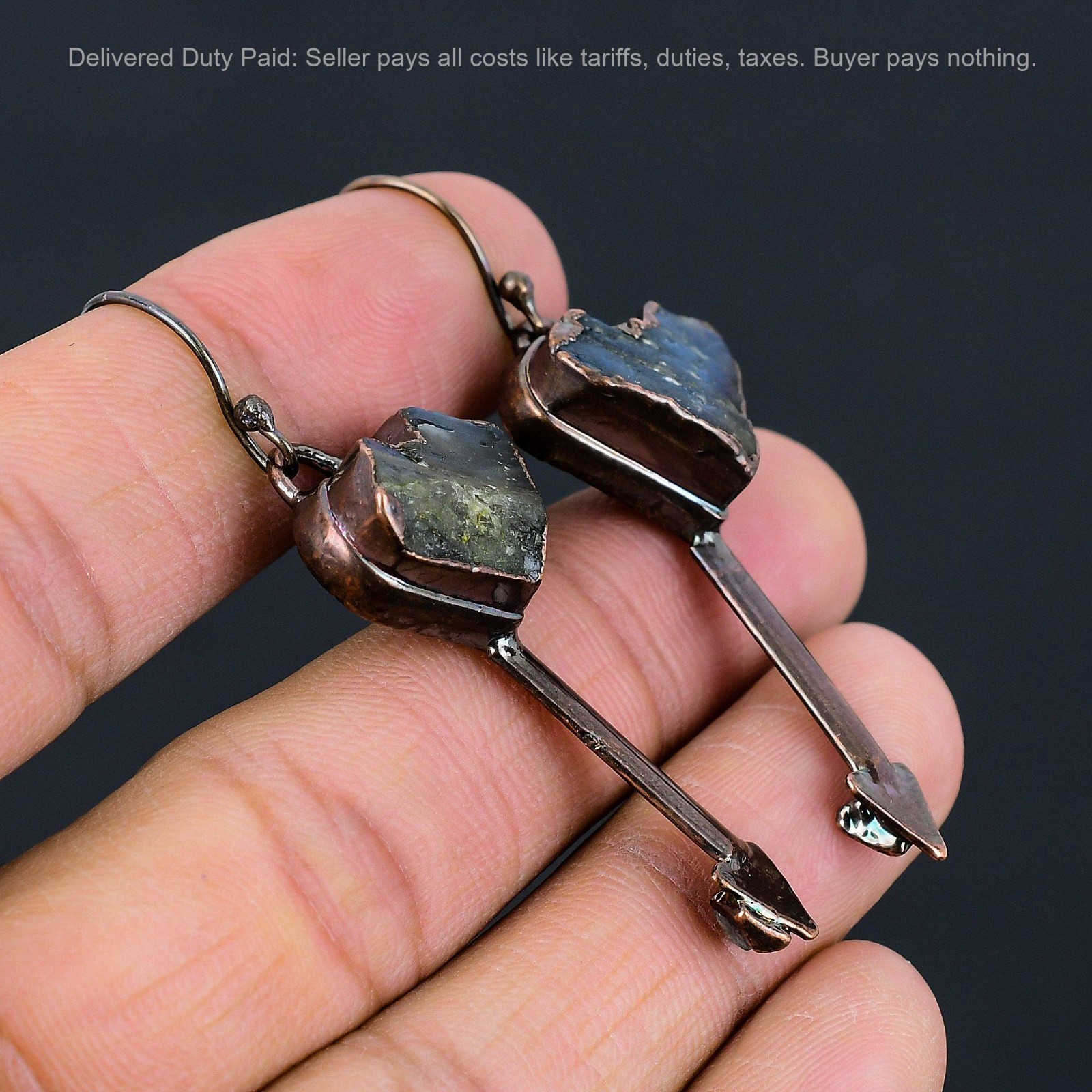 Copper Natural Labradorite Rough Dangle Electroformed Artisan Earrings Jewelry