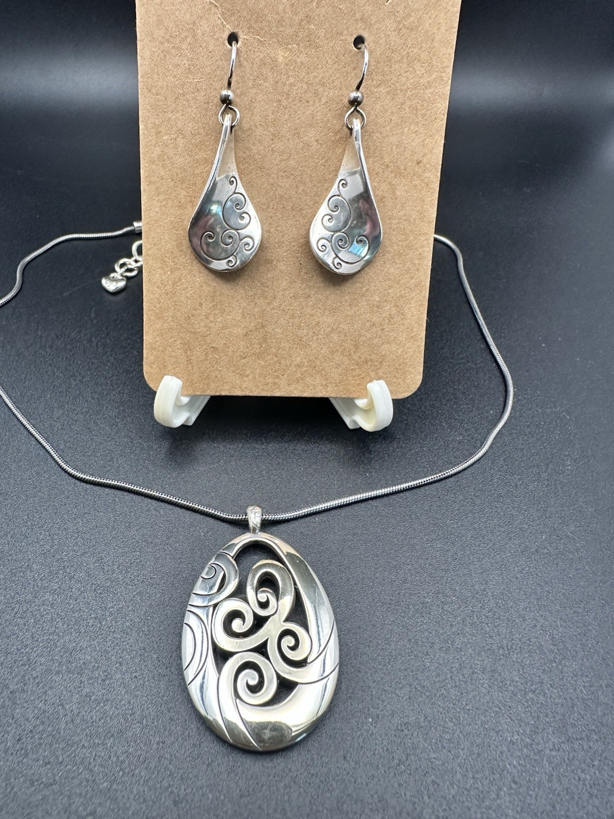 Brighton mingle silver scroll pendant with swirling filigree design With Earring