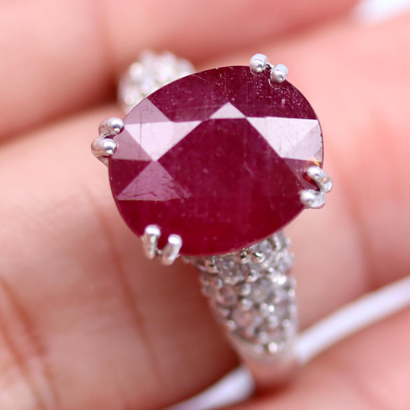 Gemstone 11 x 13 MM. Red Ruby & White Zircon Jewelry Ring 925 Silver Size 7.75