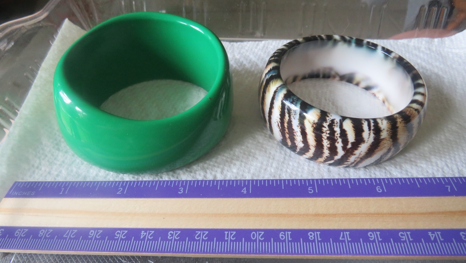 Lot of 2 Bangle Bracelets Green Plus Black Brown White Animal Look Chunky