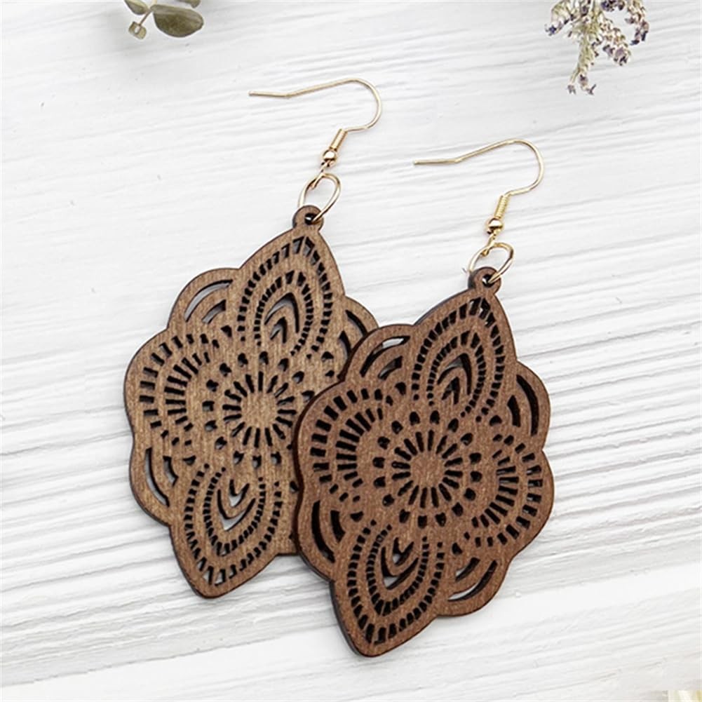 Bohemian Wood Earrings Natural Retro Lightweight Hollow Pattern Geometric Wooden