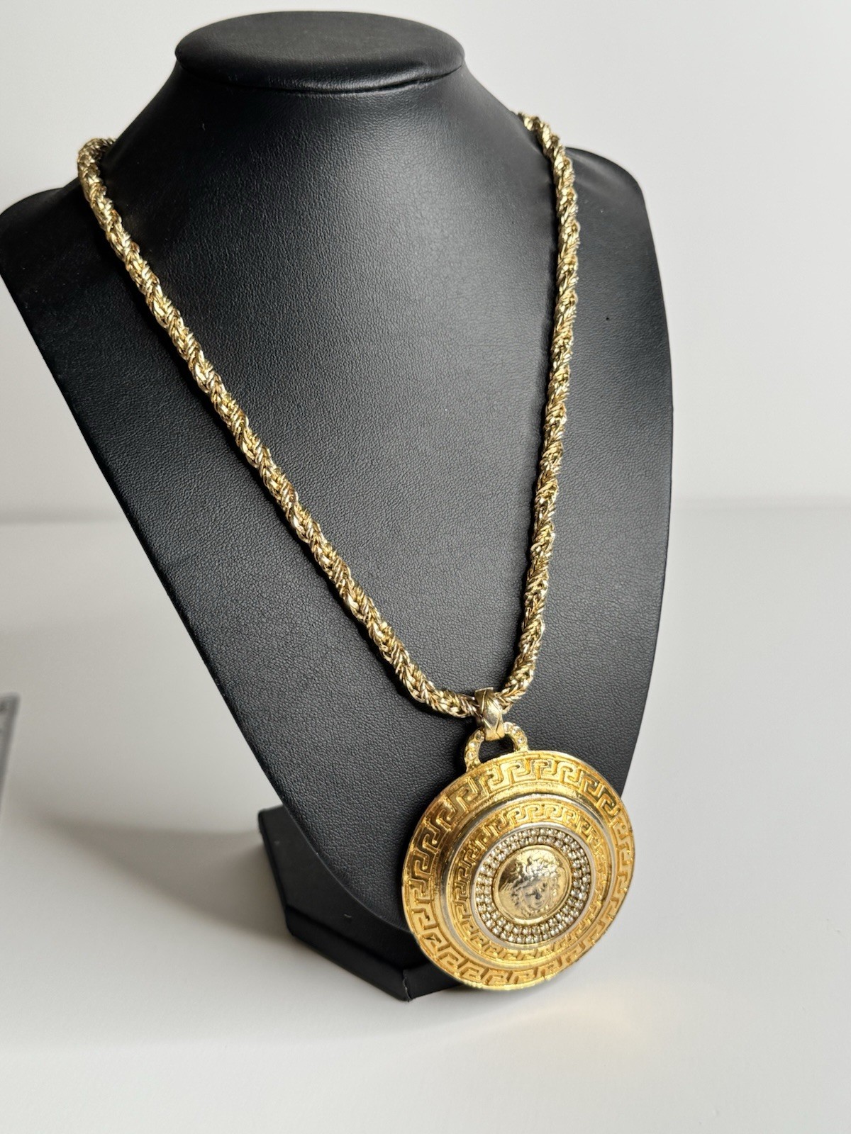 Dior Necklace and Large Pendant Versace Medusa Logo Gold Tone Rhinestones Rare